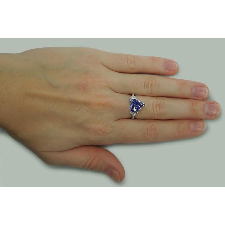 Three Stone Ring Trilliant Cut Blue Diamond Gemstone 6.5 Carats WG 14K - Gemstone Ring-harrychadent.ca