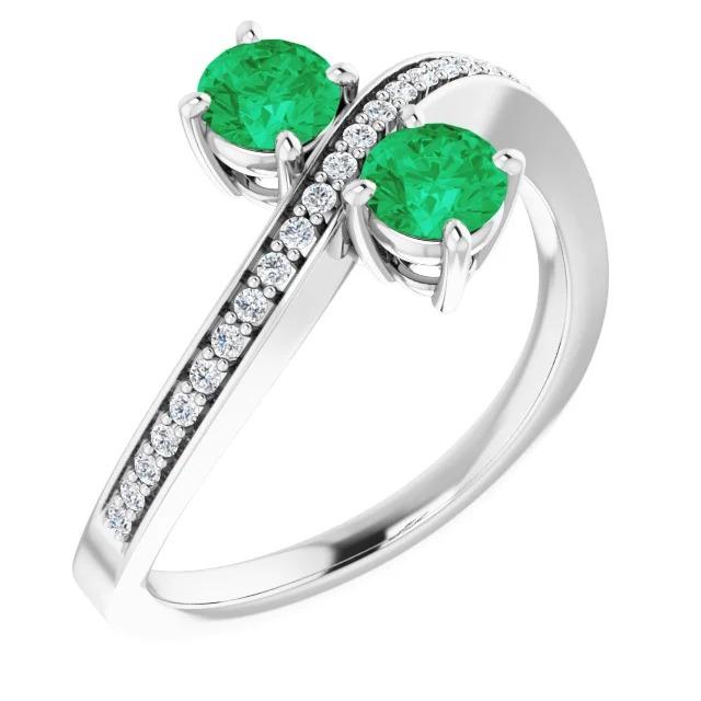 Toi et Moi Round Green Emerald 2.60 Carats Diamond Ring White Gold 14K - Gemstone Ring-harrychadent.ca