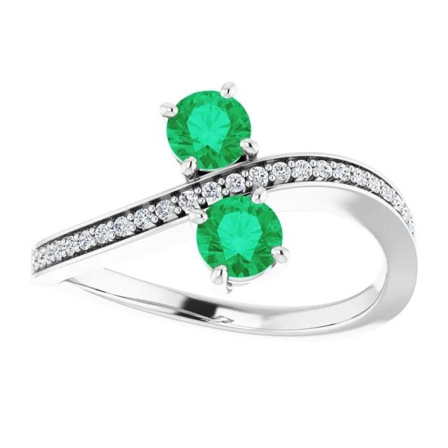 Toi et Moi Round Green Emerald 2.60 Carats Diamond Ring White Gold 14K - Gemstone Ring-harrychadent.ca