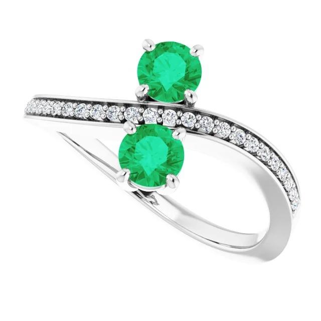 Toi et Moi Round Green Emerald 2.60 Carats Diamond Ring White Gold 14K - Gemstone Ring-harrychadent.ca