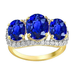 Two Tone Gold Ceylon Sapphire Oval Natural Earth Mined Diamonds 6 Carats Anniversary Ring