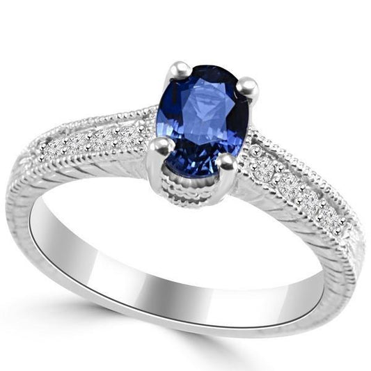 Vintage Style Ceylon Sapphire Diamond Ring 2 Carats White Gold 14K - Gemstone Ring-harrychadent.ca