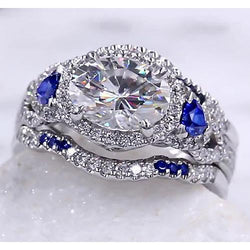 Wedding Band Set Diamond Blue Sapphire 5 Carats Women Jewelry