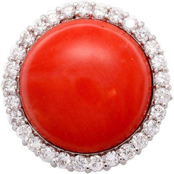 White Gold 14K 15 Carats Red Coral And Natural Earth Mined Diamonds Engagement Ring