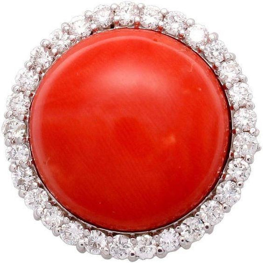 White Gold 14K 15 Carats Red Coral And Diamonds Engagement Ring - Gemstone Ring-harrychadent.ca