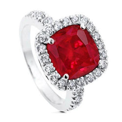 White Gold 14K 4 Carats Cushion Ruby And Round Cut Natural Earth Mined Diamonds Ring