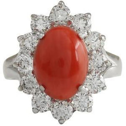 White Gold 16.50 Ct. Solitaire With Accent Red Coral & Natural Earth Mined Diamonds Ring