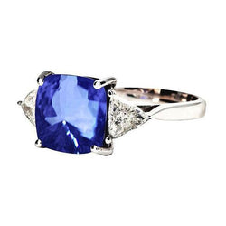 White Gold Cushion Ceylon Blue Sapphire Diamond 3 Carats 3-Stone Ring