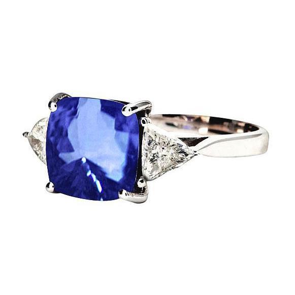 White Gold Cushion Ceylon Blue Sapphire Diamond 3 Carats 3-Stone Ring - Gemstone Ring-harrychadent.ca