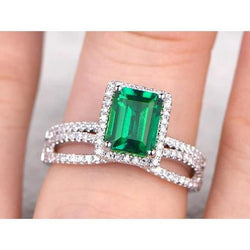 White Gold Emerald Cut Green Emerald Natural Earth Mined Diamond Wedding Ring 8.50 Carats