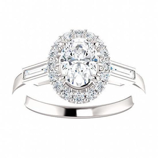 3 Stone Oval & Baguette Engagement Ring 1.30 Carats White Gold 14K - Halo Ring-harrychadent.ca