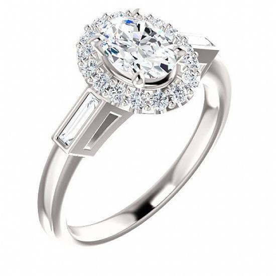 3 Stone Oval & Baguette Engagement Ring 1.30 Carats White Gold 14K - Halo Ring-harrychadent.ca