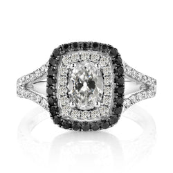 Oval Old Miner & Round Black Natural Earth Mined Diamond Halo Ring Split Shank 7 Carats