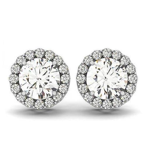 2.10 Carats Round Diamonds White Gold 14K Studs Pair Halo Earrings - Halo Stud Earrings-harrychadent.ca