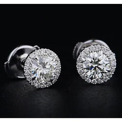 Halo Style Round Natural Earth Mined Diamond Stud Earring 2.20 Carats White Gold 14K