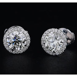 White Gold 14K Round Natural Earth Mined Diamond Stud Earring 2.08 Carats Halo Style