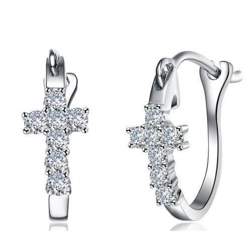 2.1 Ct Round Cut Diamond Cross Hoop Earring 14K White Gold - Hoop Earrings-harrychadent.ca