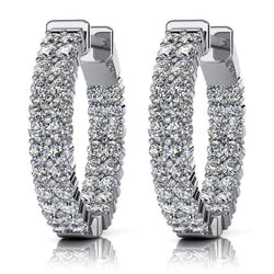 Double Row Inside Out 4 Carats Natural Earth Mined Diamonds Hoop Earrings White Gold 14K