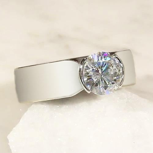 Solitaire Diamond Ring Half Bezel Setting 1.50 Carats Men's White Gold - Mens Ring-harrychadent.ca