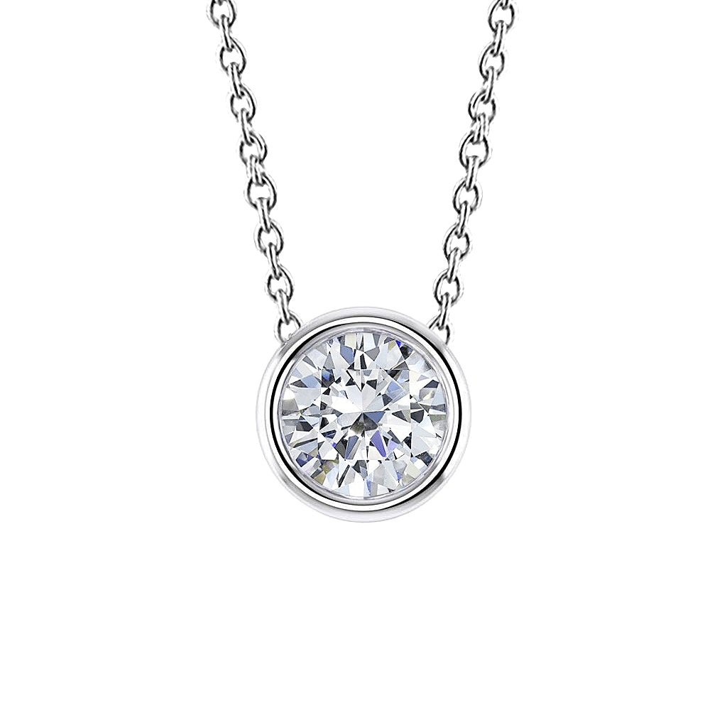 Diamond Necklace Pendant 1.50 Carat Round Cut Bezel Set 14K White Gold - Pendant-harrychadent.ca
