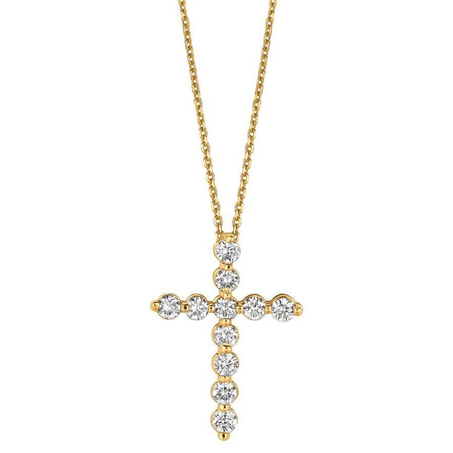 Round Diamond Cross Necklace Pendant 1.10 Carat Yellow Gold 14K - Pendant-harrychadent.ca