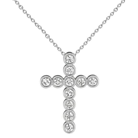 Round Diamond Cross Pendant Milgrain Necklace 4 Carats WG 14K - Pendant-harrychadent.ca