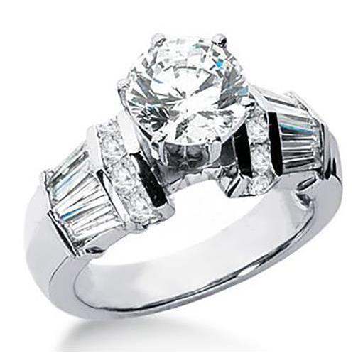 3.26 Carats Diamond Round & Baguette Engagement Ring White Gold 14K - Solitaire Ring with Accents-harrychadent.ca