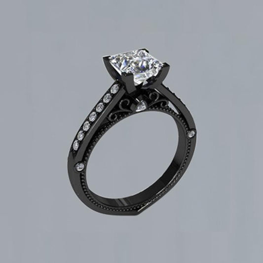 Princess & Round Diamonds 1.51 Carats Engagement Ring Black Gold 14K - Solitaire Ring with Accents-harrychadent.ca