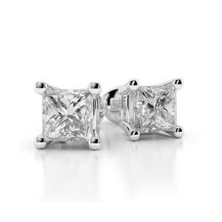 0.90 Carats Princess Cut Natural Earth Mined Diamond Stud Earring 14K White Gold