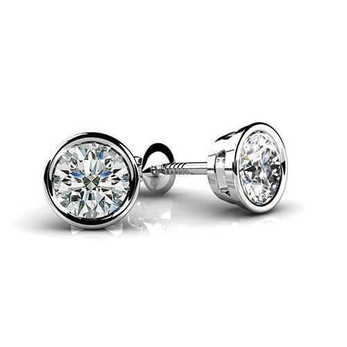 1 Carat Bezel Set Round Cut Diamond Stud Earring White Gold 14K - Stud Earrings-harrychadent.ca