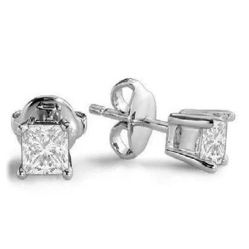 2 Carat Princess Diamond Stud Earring Gold Solid White Prong Set - Stud Earrings-harrychadent.ca