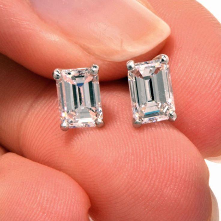 2 Carats 14K White Gold Emerald Cut Solitaire Diamond Stud Earring - Stud Earrings-harrychadent.ca