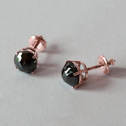 2 Carats Stud Earrings Round Black Diamonds Rose Gold 14K Jewelry