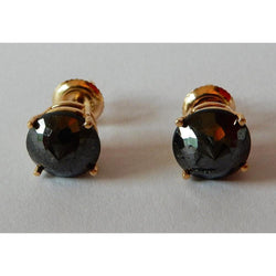 4 Carats Stud Earrings Round Black Natural Earth Mined Diamonds Yellow Gold