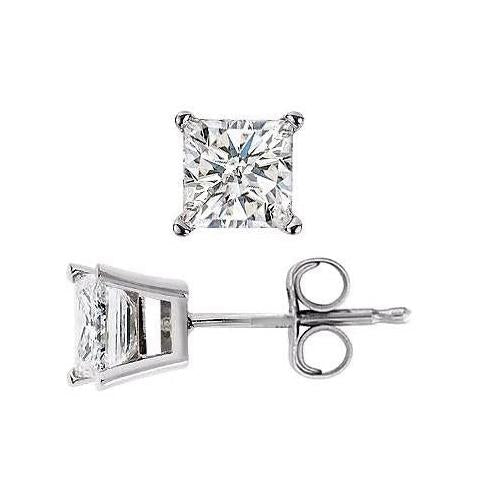 4 Prong Set Princess Diamond Stud Earrings 2.20 Carats White Gold 14K - Stud Earrings-harrychadent.ca