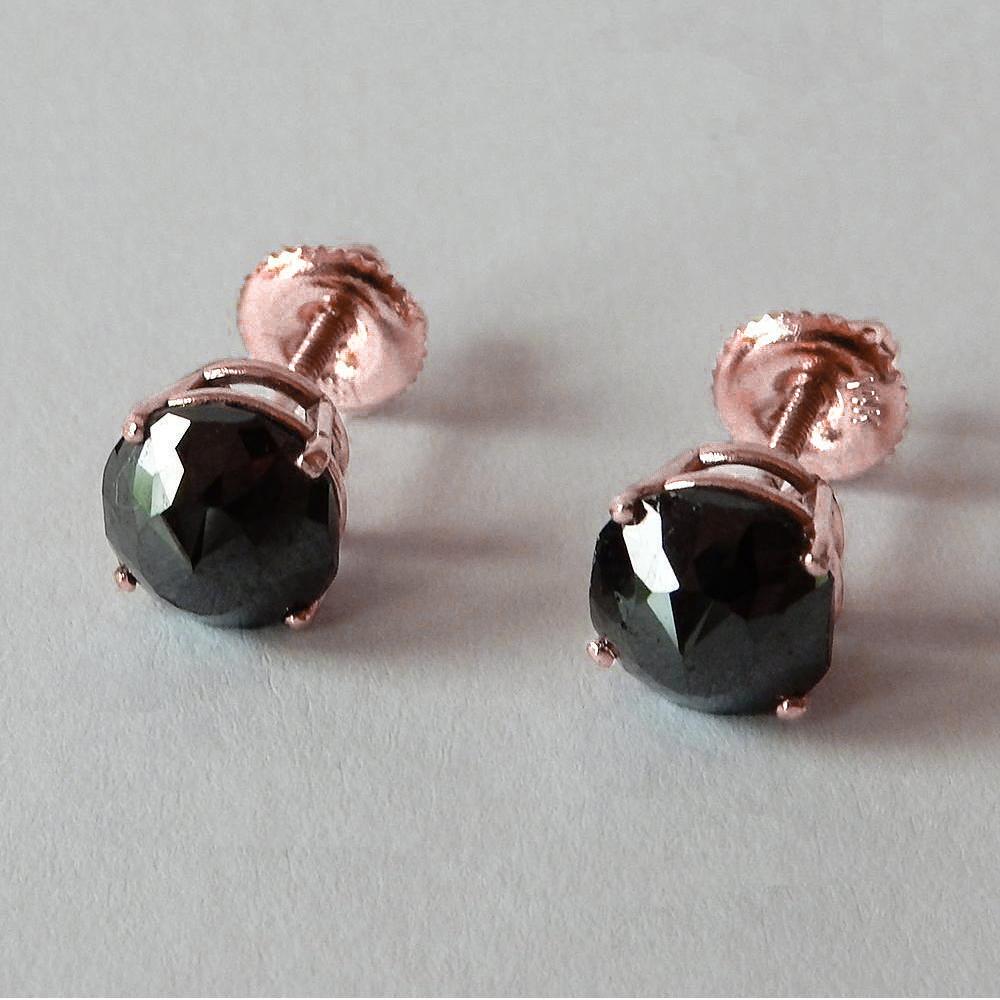 5 Carats Stud Earrings Cushion Black Diamonds Rose Gold 14K Finish - Stud Earrings-harrychadent.ca