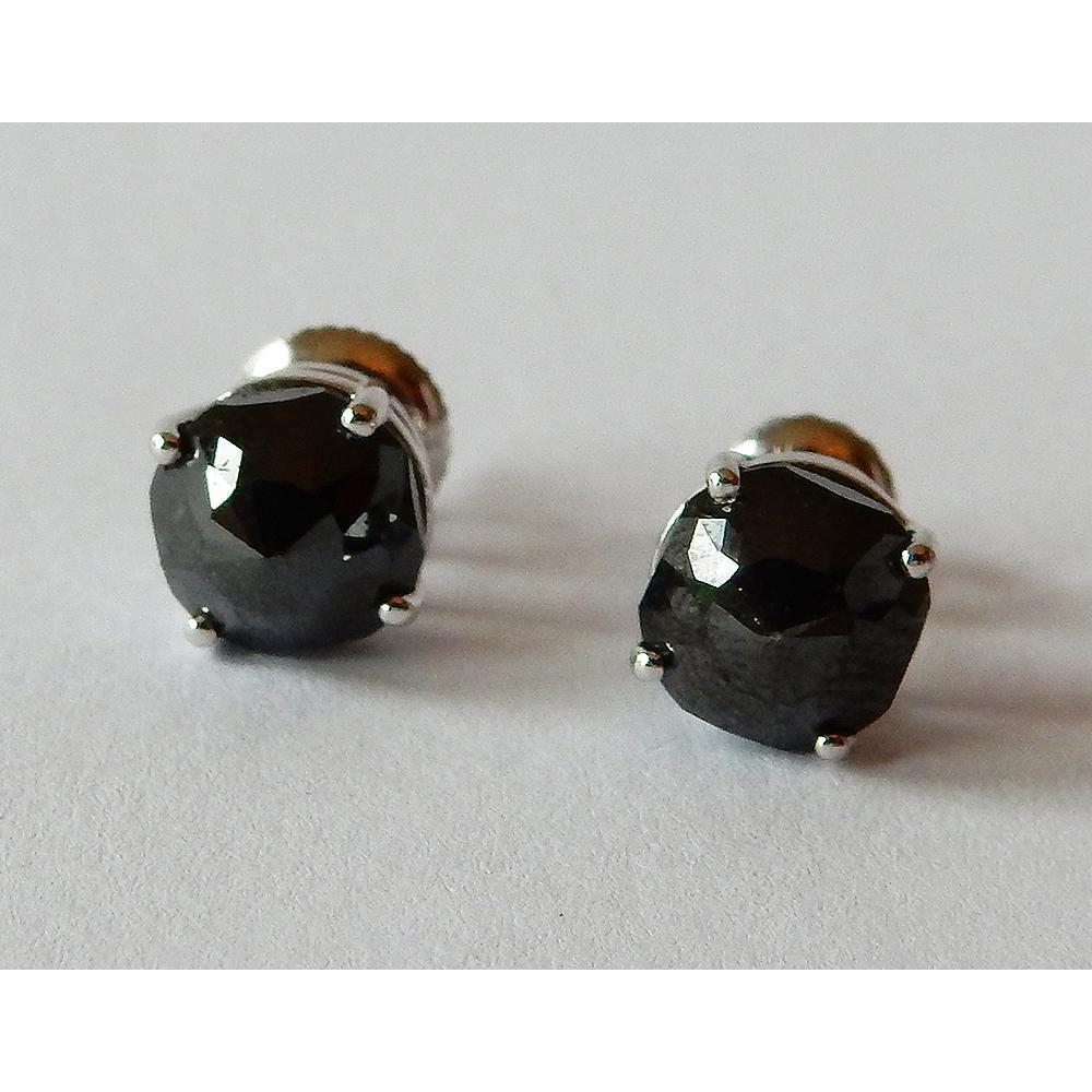 7 Carats Stud Earrings Cushion Black Diamonds White Gold Finish - Stud Earrings-harrychadent.ca