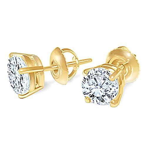 Round Diamond Stud Earring Pair 1.80 Carats Yellow Gold 14K Studs - Stud Earrings-harrychadent.ca