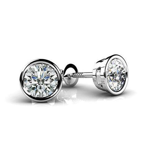 Solitaire Round Diamond Stud Earring Bezel Set 2 Carats White Gold 14K - Stud Earrings-harrychadent.ca
