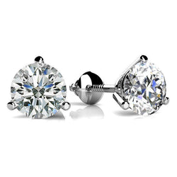 Three Prong 2 Carats Round Cut Natural Earth Mined Diamonds Stud Earring White Gold 14K