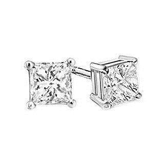 White Gold 4 Prong Set Princess Solitaire Diamond Stud Earrings 14K - Stud Earrings-harrychadent.ca