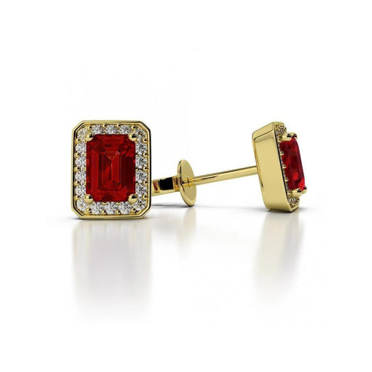 5.10 Carats Prong Set Emerald Cut Ruby With Diamonds Stud Earrings - Studs- Halo-harrychadent.ca