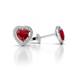 Heart Cut Ruby With Round Natural Earth Mined Diamonds 2.70 Ct Lady Studs Halo White Gold