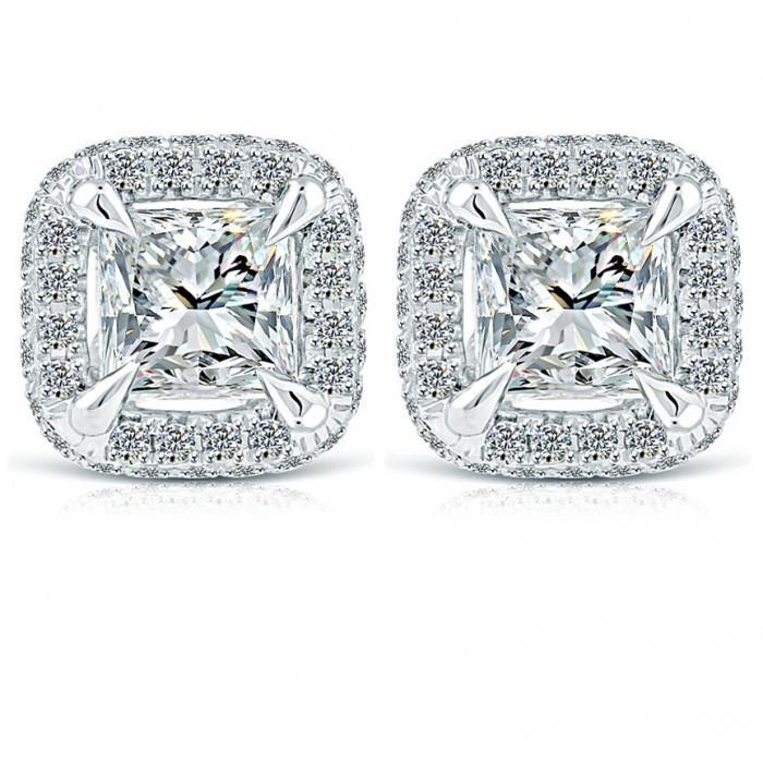 Princess And Round Halo Diamond Earring Gold White Pave Setting 4 Ct - Studs- Halo-harrychadent.ca