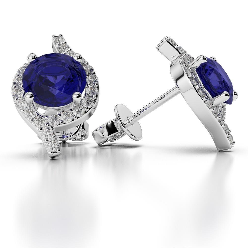 Prong Set 5.20 Carats Round Cut Sapphire With Diamonds Stud Earrings - Studs- Halo-harrychadent.ca