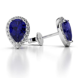 Prong Set Sapphire & Natural Earth Mined Diamonds 5.20 Carats Lady Studs White Gold 14K
