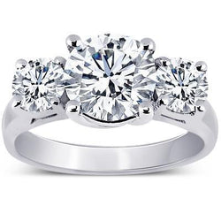 4 Carat Round Natural Earth Mined Diamond Three Stone Engagement Ring White Gold 14K