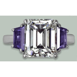 8 Cts Emerald Natural Earth Mined Diamond & Trapezoid Ceylon Sapphire 3 Stone Ring Gold