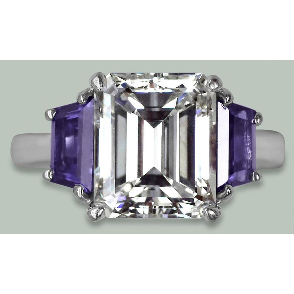 8 Cts Emerald Diamond & Trapezoid Ceylon Sapphire 3 Stone Ring Gold - Three Stone Ring-harrychadent.ca