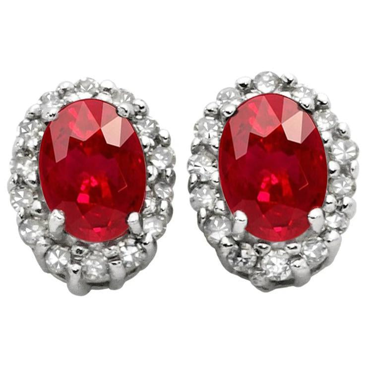 9 Ct Oval Cut Red Ruby & Diamond Cluster Ladies Stud Gold Earring Pair - -harrychadent.ca